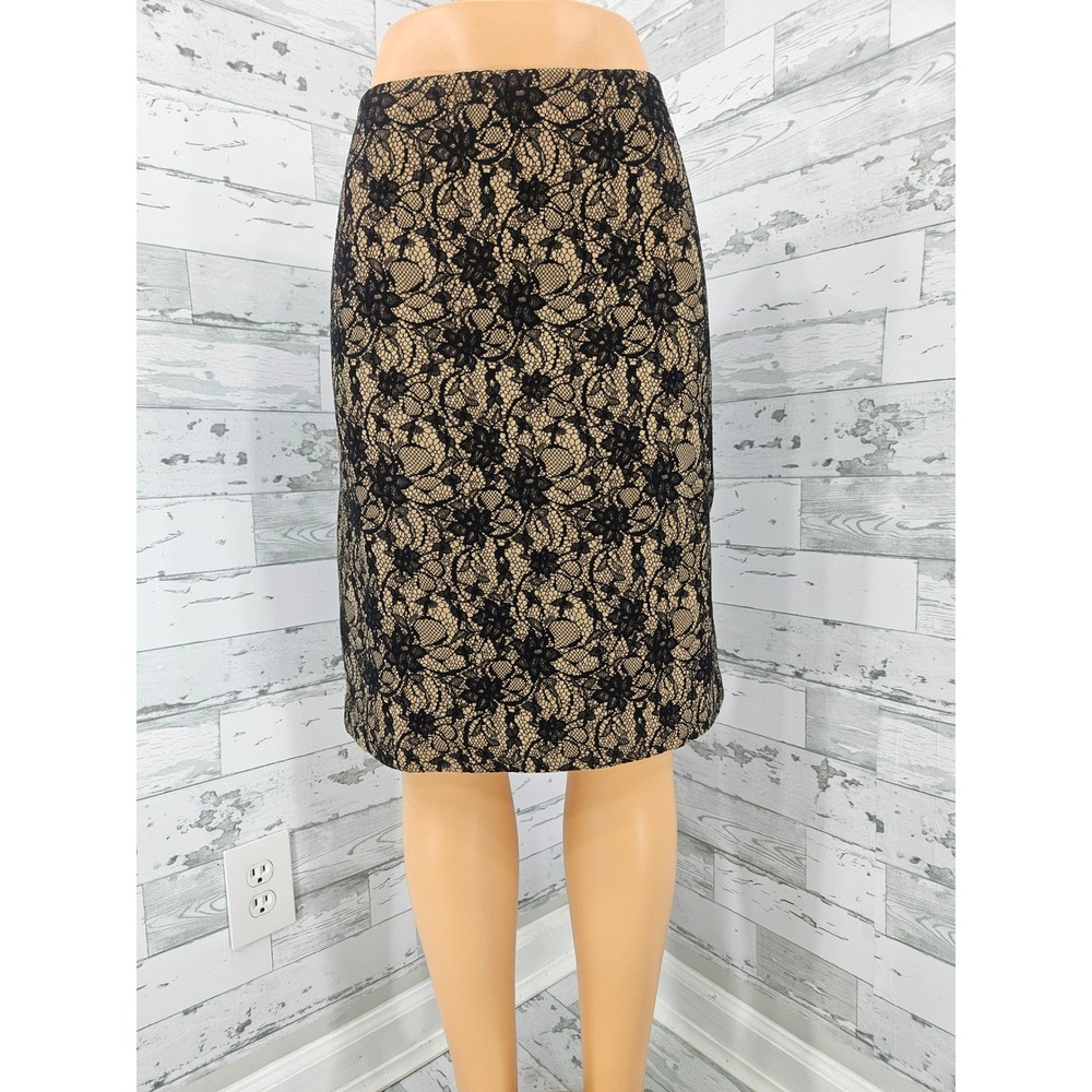 Talbots Black Floral Lace Pencil Skirt Tan Lining Size 16 Knee Length Office